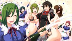 Rule 34 | 1boy, 5girls, alcohol, ass, benimura karu, black hair, bottle, breasts, brown hair, bunny black, bunny black 3, celebration, censored, champagne, cup, drink, game cg, green hair, happy, harem, maid, maid headdress, multiple girls, navel, nipples, nude, open mouth, pointy ears, red hair, short hair, skirt, smile, standing