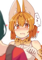 Rule 34 | 10s, 2girls, animal ears, bad id, bad pixiv id, bare shoulders, blush, bow, bowtie, elbow gloves, fang, gloves, heart, heart-shaped pupils, kaban (kemono friends), kemono friends, multicolored hair, multiple girls, nishida1998, saliva, serval (kemono friends), serval print, short hair, symbol-shaped pupils, translated, wavy mouth