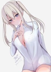 Rule 34 | 1girl, 9610 (kuroto), blonde hair, blush, breasts, cleavage, closed mouth, collared shirt, cowboy shot, dated, graf zeppelin (kancolle), hair between eyes, highres, kantai collection, large breasts, long hair, long sleeves, one-hour drawing challenge, purple eyes, shirt, sidelocks, signature, solo, twintails, twitter username, white shirt