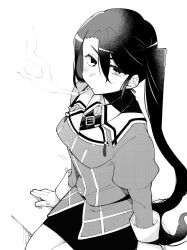 Rule 34 | 1girl, arm support, cigarette, commentary request, gloves, greyscale, higaragi, highres, jacket, kantai collection, looking at viewer, military, military uniform, monochrome, nachi (kancolle), neck ribbon, pantyhose, pencil skirt, ribbon, side ponytail, sitting, skirt, smoking, solo, uniform