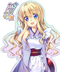Rule 34 | 00s, 1girl, :d, blonde hair, blue eyes, blush, copyright name, finger to face, japanese clothes, koiwai flora, long hair, maid, nanatsuiro drops, open mouth, piromizu, simple background, smile, solo, translation request, tray, wa maid, white background