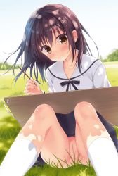 Rule 34 | 1girl, anus, blush, brown hair, character request, cleft of venus, copyright request, drawing, drawing board, female focus, grass, highres, holding, holding pencil, knees up, long hair, long sleeves, looking at viewer, no panties, outdoors, pencil, pleated skirt, pussy, ryouka (suzuya), school uniform, shirt, sitting, skirt, smile, socks, solo, third-party edit, uncensored, yellow eyes