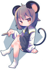 Rule 34 | 1girl, animal ear fluff, animal ears, blush, brown eyes, capelet, commentary request, cookie (touhou), dress, expressionless, flat chest, full body, grey background, grey dress, grey hair, highres, holding, holding pencil, kofji (cookie), long sleeves, looking at viewer, medium hair, melanin shikiso, mouse ears, mouse girl, mouse tail, nazrin, no shoes, open mouth, pencil, shirt, simple background, socks, solo, tail, touhou, two-tone background, white background, white capelet, white shirt, white socks