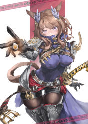 Rule 34 | 1girl, absurdres, animal ears, arm at side, arm up, armor, armored boots, warrior of light (ff14), belt, boots, breasts, brown hair, cat ears, cat girl, cat tail, caution tape, covered erect nipples, covered mouth, facial mark, fictional persona, final fantasy, final fantasy xiv, gauntlets, gem, hair ornament, harness, high collar, highres, impossible clothes, jacket, large breasts, leaning forward, pantyhose under shorts, long hair, looking at viewer, miqo&#039;te, pantyhose, parted bangs, purple eyes, samurai (final fantasy), shorts, shoulder armor, solo, spread fingers, sword, tail, thigh boots, thigh gap, thighhighs, watermark, weapon, whisker markings, xun li eins