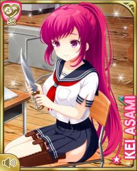 Rule 34 | 1girl, asami kei, blue skirt, character name, closed mouth, day, girlfriend (kari), gym, indoors, knife, knife sheath, looking at viewer, official art, pink eyes, pink hair, ponytail, qp:flapper, red neckwear, sailor uniform, school, school uniform, shirt, sitting, skirt, smile, solo, tagme, white shirt