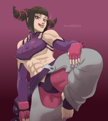 Rule 34 | 1girl, abs, baggy pants, belt, black hair, blunt bangs, bracelet, breasts, capcom, cowboy shot, curvy, detached sleeves, drill hair, eyelashes, feet, fingerless gloves, gloves, glowing, glowing eye, halterneck, han juri, highres, jewelry, large breasts, licking lips, looking at viewer, midriff, muscular, muscular female, nail polish, pants, pink eyes, pink nails, sidelocks, smile, solo, spiked bracelet, spikes, standing, standing on one leg, stirrup legwear, street fighter, street fighter iv (series), thick thighs, thighs, toeless legwear, toenail polish, toenails, toes, tongue, tongue out, twin drills, underboob