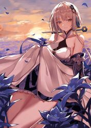 Rule 34 | 1girl, absurdres, bare shoulders, blue eyes, breasts, brown hair, colored eyelashes, dawn, detached sleeves, dress, flower, genshin impact, glaze lily, guizhong (genshin impact), hair ornament, hair stick, highres, holding, holding flower, light smile, looking at viewer, sas (ls08b), short hair with long locks, sky, sleeves past wrists, small breasts, tassel, tassel hair ornament, thighs, white dress