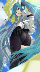 Rule 34 | 1girl, absurdres, aqua eyes, aqua hair, ass, ass grab, black bodysuit, bodysuit, boots, cropped jacket, flag, flagpole, flame print, from behind, from below, gloves, goodsmile racing, grabbing own ass, hatsune miku, highres, holding, holding flag, holding pole, long hair, looking at viewer, looking back, open mouth, pole, racing miku, racing miku (2022), single thigh boot, sky, smile, solo, thigh boots, thighhighs, torn flipper, twintails, very long hair