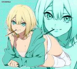 Rule 34 | 1672, 1girl, blonde hair, breasts, double cross (f.e.a.r.), food, food in mouth, hood, hoodie, looking at viewer, lying, off shoulder, patterned background, pocky, short hair, smile, solo, sugaru (double cross), thighhighs, twitter username, underwear