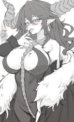 Rule 34 | 2girls, absurdres, angry, bare shoulders, blonde hair, blush, breasts, chocolate, chocolate on body, chocolate on hand, coat, crack, damn reincarnation, demon girl, detached sleeves, earrings, food on body, food on hand, fur-trimmed coat, fur trim, gagrim, highres, horns, jewelry, korean commentary, kristina rogeris (damn reincarnation), large breasts, long hair, looking at viewer, multiple girls, noir giabella (damn reincarnation), novel illustration, official art, pointy ears, single horn, tongue, tongue out, valentine, wrist cuffs