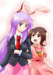 Rule 34 | 2girls, animal ears, black hair, blazer, carrot necklace, eye contact, holding another&#039;s arm, holding own arm, inaba tewi, jacket, jewelry, long hair, looking at another, multiple girls, necklace, necktie, purple hair, rabbit ears, red eyes, red necktie, reisen udongein inaba, short hair, short sleeves, smile, touhou, unya, very long hair