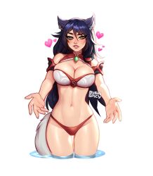 Rule 34 | 1girl, ahri (league of legends), alternate costume, animal ears, bare shoulders, bikini, black hair, blushyspicy, breasts, cleavage, day, facial mark, fox ears, fox tail, large breasts, league of legends, long hair, looking at viewer, navel, smile, solo, standing, swimsuit, tail, transparent background, wading, water, whisker markings
