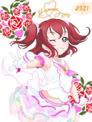 Rule 34 | 1girl, ;), aqua eyes, arm garter, artist name, artist request, bare shoulders, blush, bow, bowtie, breasts, clenched hand, collarbone, dress, female focus, floating hair, gloves, green eyes, hair between eyes, hair ornament, hair scrunchie, holding, holding microphone, jewelry, kurosawa ruby, looking at viewer, love live!, love live! sunshine!!, microphone, miniskirt, necklace, one eye closed, parted lips, pearl necklace, pink bow, pink scrunchie, plaid, plaid dress, plaid skirt, pleated, pleated dress, pleated skirt, red hair, sailor collar, scrunchie, short hair, skirt, small breasts, smile, solo, striped, striped bow, teeth, twintails, two side up, v, white background, white bow, white dress, white gloves, white sailor collar, white scrunchie, white skirt, wink, wrist bow