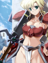 Rule 34 | 1girl, aretha, armor, bikini armor, blonde hair, braid, breasts, cleavage, earrings, green eyes, jewelry, large breasts, loincloth, materia (aretha), navel, no panties, nomal, revision, shoulder pads, solo, sword, weapon