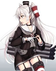 Rule 34 | 10s, 1girl, amatsukaze (kancolle), black panties, brown eyes, choker, colis (regunm772), dress, garter straps, gloves, hair tubes, highres, kantai collection, looking to the side, open mouth, panties, red thighhighs, sailor collar, sailor dress, short dress, silver hair, simple background, single glove, solo, striped clothes, striped thighhighs, thighhighs, two side up, underwear, white gloves