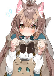 Rule 34 | 1girl, animal ears, blush, brown eyes, brown hair, cape, capelet, cat ears, cat tail, cloak, commentary, feathers, flustered, friend (nanashi mumei), hair ornament, highres, hololive, hololive english, nanashi mumei, ponytail, ribbon, shirt, solo, sparkle, tail, virtual youtuber, white shirt, yuzukiyuno (yunmu g)