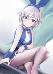 Rule 34 | 1girl, alternate costume, anastasia (idolmaster), animal ears, bare shoulders, blue eyes, breasts, rabbit ears, commentary request, fake animal ears, feet, hair between eyes, idolmaster, idolmaster cinderella girls, looking at viewer, medium breasts, nannacy7, no shoes, pantyhose, playboy bunny, short hair, silver hair, smile, solo