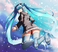 Rule 34 | 1girl, alternate costume, black coat, blue eyes, blue hair, boots, breasts, coat, earmuffs, eiji (eiji), feet, from behind, full body, fur-trimmed sleeves, fur collar, fur trim, hatsune miku, high heel boots, high heels, long hair, long sleeves, looking back, medium breasts, midair, no legwear, no socks, see-through, snowing, soles, solo, thigh boots, thighhighs, toes, twintails, very long hair, vocaloid, winter clothes, winter coat