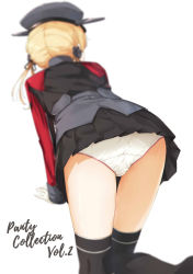 Rule 34 | all fours, anchor hair ornament, ass, black skirt, black thighhighs, blonde hair, blurry, commentary request, depth of field, from behind, gloves, hair ornament, hat, highres, kantai collection, long sleeves, low twintails, military, military uniform, miniskirt, panties, peaked cap, pleated skirt, prinz eugen (kancolle), skirt, suke (momijigari), thighhighs, thighs, twintails, underwear, uniform, white background, white gloves, white panties