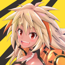 Rule 34 | 1girl, asahi, blonde hair, blush, breasts, cleavage, cleavage cutout, clothing cutout, dark-skinned female, dark skin, fang, happy, hinode aoi, large breasts, lilith-soft, long hair, looking at viewer, open mouth, orange eyes, shiny skin, simple background, smile, solo, taimanin (series), taimanin rpgx, tan, upper body, very long hair, yellow background