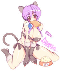 Rule 34 | 1girl, animal ears, arumela, bikini, black gloves, boned meat, bowl, breasts squeezed together, breasts, bursting breasts, cat ears, cat tail, food, gloves, huge breasts, long hair, meat, mel/a, original, paw pose, pet bowl, plump, purple hair, red eyes, side-tie bikini bottom, sidelocks, sitting, socks, solo, strapless, swimsuit, tail, thick thighs, thighs, tube top, wariza