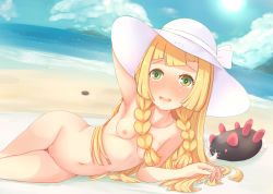 Rule 34 | 1girl, armpits, beach, blonde hair, blue sky, blunt bangs, blush, braid, breasts, cleft of venus, cloud, creatures (company), day, game freak, gen 7 pokemon, green eyes, hat, hat ribbon, highres, lillie (pokemon), long hair, looking at viewer, lying, navel, nintendo, nipples, nude, ocean, on side, open mouth, outdoors, pokemon, pokemon (creature), pokemon sm, pussy, pyukumuku, ribbon, sand, sky, small breasts, sun, sun hat, twin braids, uncensored, v, water, white hat, white ribbon, yuno (mioalice)