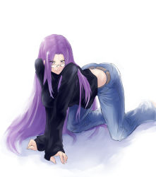 Rule 34 | 1girl, all fours, ass, baggy clothes, breasts, denim, fate/stay night, fate (series), glasses, highres, jeans, large breasts, long hair, medusa (fate), medusa (rider) (fate), negresco, official alternate costume, pants, pince-nez, purple eyes, purple hair, seductive smile, smile, solo, sweater, very long hair