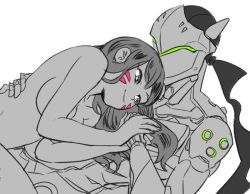 Rule 34 | 1boy, 1girl, armor, bad id, bad twitter id, bare shoulders, bodysuit, breasts, cleavage, clothed male nude female, collarbone, couple, cyborg, d.va (overwatch), facepaint, facial mark, genji (overwatch), hand on another&#039;s back, headband, helmet, hetero, holding hands, jocheong, long hair, long sleeves, lying, mask, medium breasts, monochrome, nude, on back, on person, overwatch, overwatch 1, power armor, sideboob, simple background, smile, spot color, upper body, veil, whisker markings, white background