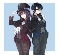 Rule 34 | 2girls, absurdres, adjusting clothes, adjusting headwear, ascot, bad id, bad pixiv id, bang dream!, black cape, black hair, black headwear, black pants, blue background, blue bow, blue flower, blue hair, bow, brooch, cape, crossover, far is a, flower, formal, gekkan shoujo nozaki-kun, glasses, gloves, green eyes, hat, hat flower, hello happy world!, highres, index finger raised, jewelry, kashima yuu, long sleeves, multiple girls, one eye closed, outstretched hand, pants, parted bangs, pince-nez, purple bow, purple hair, red eyes, seta kaoru, short hair, suit, trait connection, waistcoat, white ascot, white gloves