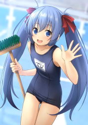 Rule 34 | 1girl, :d, bare arms, bare shoulders, blue eyes, blue hair, blue one-piece swimsuit, blurry, blurry background, bow, broom, collarbone, commentary request, commission, depth of field, digitan, hair between eyes, hair bow, highres, holding, holding broom, long hair, looking at viewer, old school swimsuit, one-piece swimsuit, open mouth, original, red bow, school swimsuit, shibacha, skeb commission, smile, solo, standing, swimsuit, teeth, thigh gap, twintails, upper teeth only, very long hair