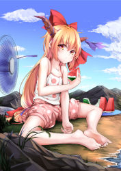 Rule 34 | 1girl, :t, bad id, bad pixiv id, barefoot, beach, blonde hair, blue sky, bow, cloud, day, eating, hand fan, feet, feet together, food, fruit, giant, giantess, grass, hair bow, highres, horns, ibuki suika, long hair, looking at viewer, outdoors, oversized object, plant, plate, sand, shorts, sky, soles, solo, spread legs, suikaxd(zhanweiheng1992), toes, touhou, very long hair, water, watermelon, yellow eyes