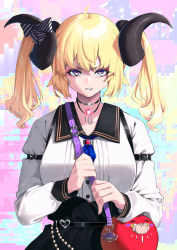 Rule 34 | 1girl, absurdres, ahoge, alternate horns, animal ears, arm strap, bag, belt, black belt, black skirt, blonde hair, bow, breasts, choker, commentary request, curled horns, diagonal-striped bow, high-waist skirt, highres, holding strap, hololive, horn bow, horn ornament, horns, jewelry, large breasts, long hair, long sleeves, looking at viewer, mikan (chipstar182), necklace, sheep ears, shirt, shoulder bag, skirt, solo, striped, striped bow, tsunomaki watame, twintails, v-shaped eyebrows, virtual youtuber, white shirt