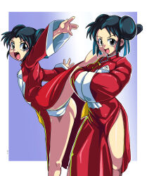 Rule 34 | 1girl, black eyes, black hair, blue background, border, cameltoe, china dress, chinese clothes, cleft of venus, double bun, dress, fang, hair bun, hands in opposite sleeves, highres, kanriken, long sleeves, looking at viewer, open mouth, original, outside border, panties, red dress, side slit, sidelocks, solo, standing, standing on one leg, underwear, white border, white panties