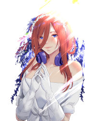 Rule 34 | 1girl, absurdres, bare shoulders, blue hair, blush, bride, collarbone, commentary, dress, english commentary, gloves, go-toubun no hanayome, hair between eyes, headphones, headphones around neck, highres, jewelry, long hair, looking at viewer, nakano miku, red hair, ring, smile, solo, upper body, vialnite, wedding band, wedding dress, white dress, white gloves