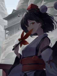 Rule 34 | 1girl, ahoge, bare shoulders, black hair, building, cliff, day, detached sleeves, hand fan, hat, highres, holding, holding fan, japanese clothes, kanpa (campagne 9), kimono, leaf fan, long sleeves, looking at viewer, obi, official alternate costume, outdoors, pom pom (clothes), red eyes, red hat, sash, shameimaru aya, short hair, solo, tokin hat, touhou, upper body, white kimono