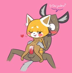 Rule 34 | 10s, 1boy, 1girl, aggressive retsuko, animal ears, animal hands, anus, artist name, barefoot, black sclera, blush, colored sclera, cum, cum in pussy, dated, erection, flat chest, full body, furry, girl on top, haida (aggretsuko), heart, hetero, highres, hyena, interspecies, jobbythehong, looking down, navel, nipples, nude, o o, official style, one eye closed, panda ears, penis, pigeon-toed, pink background, pussy, retsuko, romaji text, sex, sharp teeth, signature, simple background, smile, speech bubble, spoken heart, spread legs, sweat, tail, talking, teeth, testicles, translated, uncensored, vaginal, white eyes
