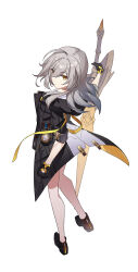 Rule 34 | 1girl, bare legs, black footwear, black gloves, black jacket, chinese commentary, clenched hand, closed mouth, full body, gloves, grey hair, hair between eyes, hetare mizu, highres, holding, holding polearm, holding weapon, honkai: star rail, honkai (series), jacket, lance, polearm, simple background, solo, standing, stelle (honkai: star rail), trailblazer (honkai: star rail), weapon, white background, yellow eyes