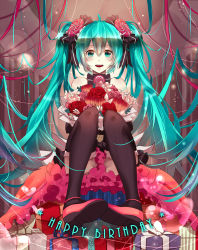 Rule 34 | 1girl, bad id, bad pixiv id, bouquet, flower, gift, green eyes, green hair, hair ribbon, happy birthday, hatsune miku, highres, long hair, matching hair/eyes, open mouth, phino, pigeon-toed, ribbon, rose, sitting, solo, thighhighs, twintails, very long hair, vocaloid