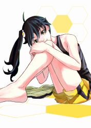 Rule 34 | 1girl, absurdres, ahoge, alternate eye color, araragi karen, asymmetrical hair, bare shoulders, barefoot, black hair, black tank top, closed mouth, collarbone, commentary, egg hair ornament, food-themed hair ornament, foreshortening, fried egg, from side, hair ornament, highres, honeycomb (pattern), honeycomb background, hugging own legs, jacket, unworn jacket, knees up, long hair, looking at viewer, looking to the side, monogatari (series), on ground, shorts, side ponytail, single vertical stripe, sitting, sleeveless, smile, solo, takamiya2222, tank top, track jacket, white background, yellow eyes, yellow jacket, yellow shorts