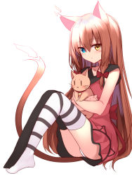 Rule 34 | 1girl, :3, animal, animal ears, ass, asymmetrical legwear, bell, black thighhighs, blue eyes, blush, bow, brown hair, cat, cat ears, cat tail, closed mouth, collarbone, dress, expressionless, full body, hair between eyes, hair bow, heterochromia, hug, jingle bell, knees up, long hair, looking at viewer, mahcdai, mismatched legwear, original, panties, red bow, red dress, sidelocks, simple background, sitting, sleeveless, slit pupils, solo, striped clothes, striped thighhighs, tail, thighhighs, underwear, very long hair, white background, white panties, white thighhighs, yellow eyes, | |