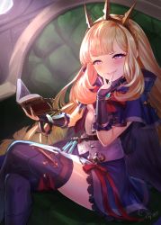 Rule 34 | 1girl, belt, black footwear, black thighhighs, blonde hair, blue cape, blue skirt, blush, book, boots, bow, bracelet, breasts, brooch, buttons, cagliostro (dark) (granblue fantasy), cagliostro (granblue fantasy), cape, commentary request, couch, crossed legs, crown, day, frilled gloves, frills, gloves, granblue fantasy, hairband, highres, holding, holding book, indoors, jewelry, long hair, looking at viewer, partially fingerless gloves, purple eyes, red bow, ring, shirt, sitting, skirt, small breasts, smile, smug, solo, test tube, thigh boots, thighhighs, wedding band, white shirt, yapo (croquis side), zettai ryouiki