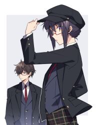 Rule 34 | 1boy, 1other, adjusting clothes, adjusting headwear, alternate hairstyle, androgynous, black hair, black jacket, blue eyes, border, braid, braided bun, buttons, cabbie hat, collared shirt, collared vest, cosplay, ebi fly 55, fate/grand order, fate/samurai remnant, fate (series), grey background, grey sweater, hair bun, hair over one eye, hat, high ponytail, highres, holding, holding clothes, holding hat, jacket, long sleeves, miyamoto iori (fate), necktie, official alternate costume, official alternate hairstyle, outside border, pants, plaid, plaid pants, ponytail, red-framed eyewear, red necktie, shirt, sidelocks, simple background, suit jacket, sweater, tie clip, vest, white border, white shirt, yamato takeru (fate), yamato takeru (second ascension) (fate), yellow eyes