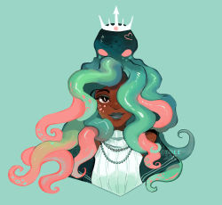 Rule 34 | 1girl, animal, animal on head, artist name, blue lips, breasts, closed mouth, commentary, crown, dark-skinned female, dark skin, dress, english commentary, eyeshadow, geneva bowers, green background, green eyeshadow, jewelry, looking at viewer, makeup, necklace, octopus, on head, original, pink eyes, simple background, smile, solo, tentacles, watermark, white dress