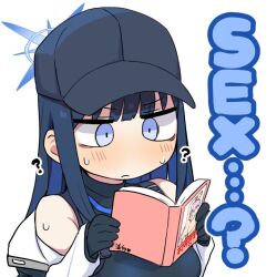 Rule 34 | ?, armpit crease, bare shoulders, baseball cap, black gloves, blue archive, blue eyes, blue hair, blush, book, chibi, clearite, closed mouth, commentary request, english text, frown, gloves, hat, holding, holding book, jitome, kama sutra (book), long hair, off shoulder, open book, reading, saori (blue archive), simple background, straight hair, sweat, upper body, white background