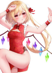 Rule 34 | 1girl, arms up, bare legs, bare shoulders, blonde hair, blush, breasts, china dress, chinese clothes, cleavage cutout, clothing cutout, crystal, dress, fighting stance, flandre scarlet, floral print, hair bun, highres, leg up, naarsann, one side up, open mouth, print dress, red dress, red eyes, short hair, side ponytail, side slit, simple background, sleeveless, solo, touhou, wings, wrist cuffs