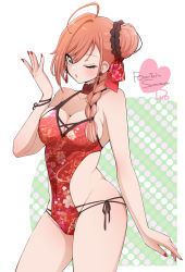 Rule 34 | 1girl, ;o, ahoge, arisugawa natsuha, bare arms, bare shoulders, black ribbon, blowing kiss, blush, braid, breasts, brown eyes, casual one-piece swimsuit, cleavage, cowboy shot, dotted background, earrings, english text, flip (diiolive), floral print, hair bun, hand up, heart, highres, idolmaster, idolmaster shiny colors, jewelry, long hair, looking at viewer, medium breasts, nail polish, one-piece swimsuit, one eye closed, parted lips, print swimsuit, red nails, red one-piece swimsuit, ribbon, side-tie swimsuit, single braid, single hair bun, solo, swimsuit, tassel, tassel earrings, wristband