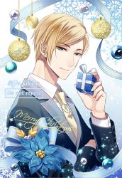 Rule 34 | 1boy, aged down, alternate eye color, black suit, blonde hair, blue eyes, collared shirt, commentary, english commentary, english text, formal, gift, holding, holding gift, jin akhr, jujutsu kaisen, long sleeves, looking at viewer, male focus, merry christmas, nanami kento, necktie, shirt, smile, solo, star (symbol), suit, upper body, white shirt