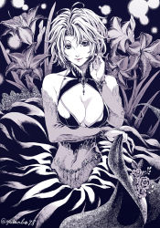 Rule 34 | 1girl, artist name, bare shoulders, breasts, cleavage, commentary request, detached sleeves, flower, fujino yuuki, greyscale, highres, jewelry, large breasts, looking at viewer, millipen (medium), monochrome, monster girl, original, plant, plant girl, short hair, signature, smile, solo, traditional media, upper body