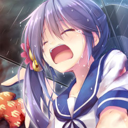 Rule 34 | 10s, 1girl, akebono (kancolle), bell, blood, crying, closed eyes, flower, hair bell, hair flower, hair ornament, jingle bell, kantai collection, long hair, masaki kei, open mouth, personification, purple hair, rain, school uniform, serafuku, solo, tears, torn clothes