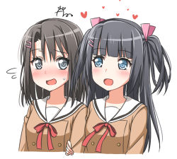 Rule 34 | 2girls, aro 1801, bang dream!, black hair, blue eyes, blunt bangs, blush, buttons, double-breasted, flying sweatdrops, grey eyes, hair ornament, hair ribbon, hairclip, hanasakigawa school uniform, heart, holding own arm, long hair, long sleeves, looking at another, medium hair, miori (aro 1801), multiple girls, neck ribbon, okusawa misaki, open mouth, original, pink ribbon, red neckwear, ribbon, school uniform, signature, simple background, sweatdrop, two side up, upper body, white background